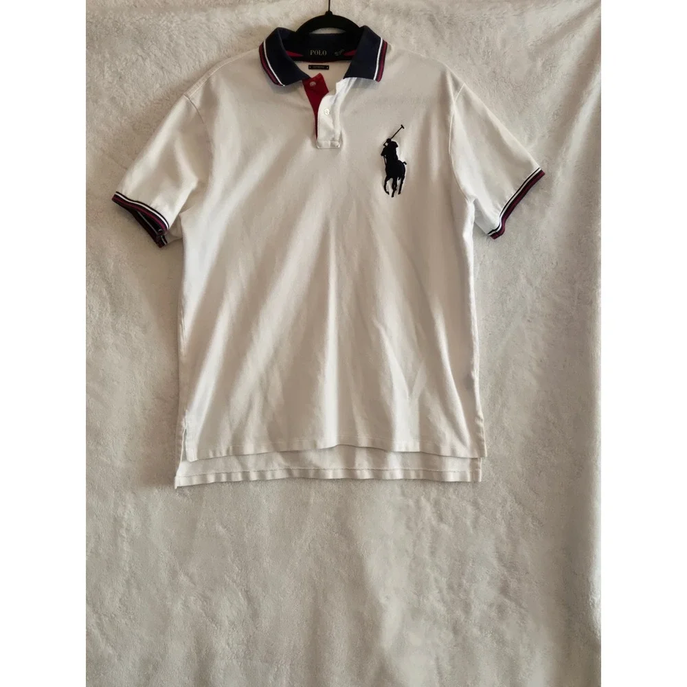 Polo Ralph Lauren‎ Mens XL Custom Fit White Big Pony Polo Shirt Navy Red Trim